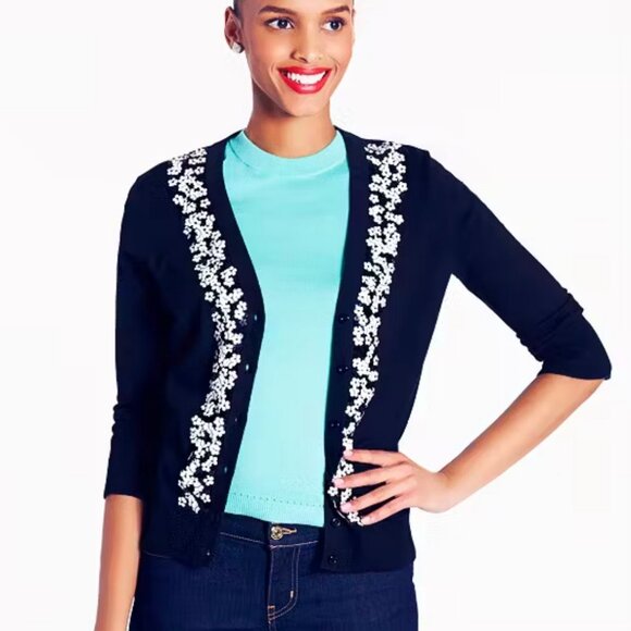 Kate Spade Sequined Kati Cardigan Black White Size Medium - Picture 5 of 10